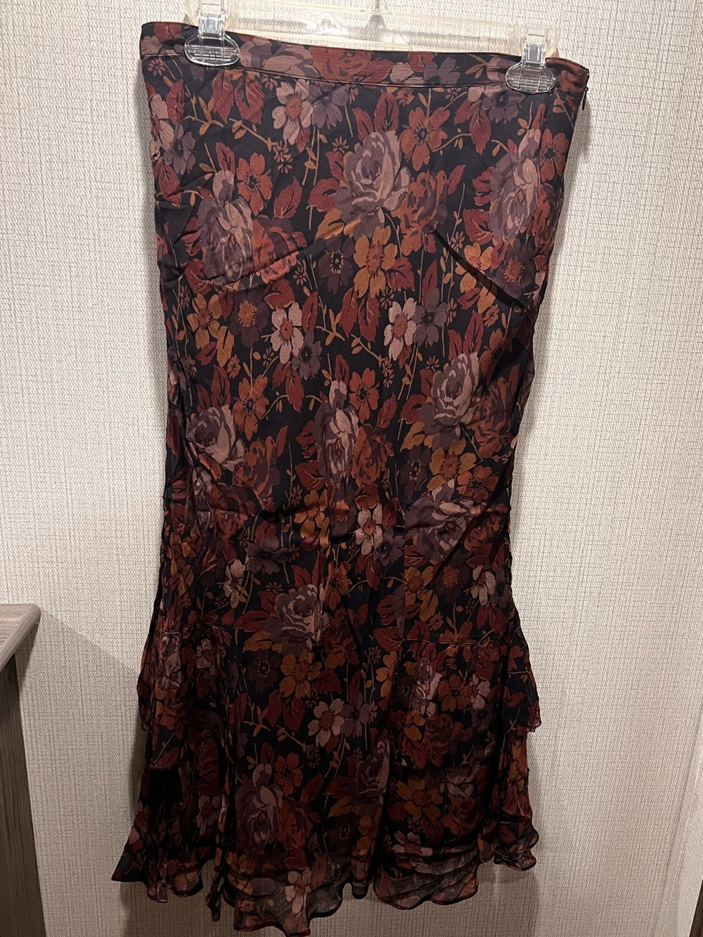 Polo Ralph Lauren Floral Midi Skirt Size 8 Burgundy Rust Ruffle Hem Romantic